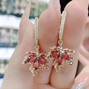 New Maple Leaf Design Gold and Red Gemstone Fashion Earrings